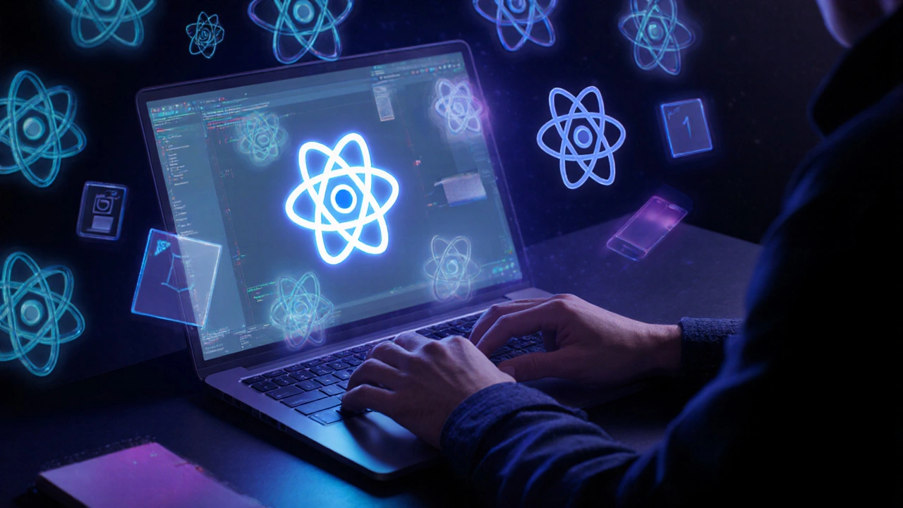Developer working at a laptop with floating React components behind a glowing Next.js interface.