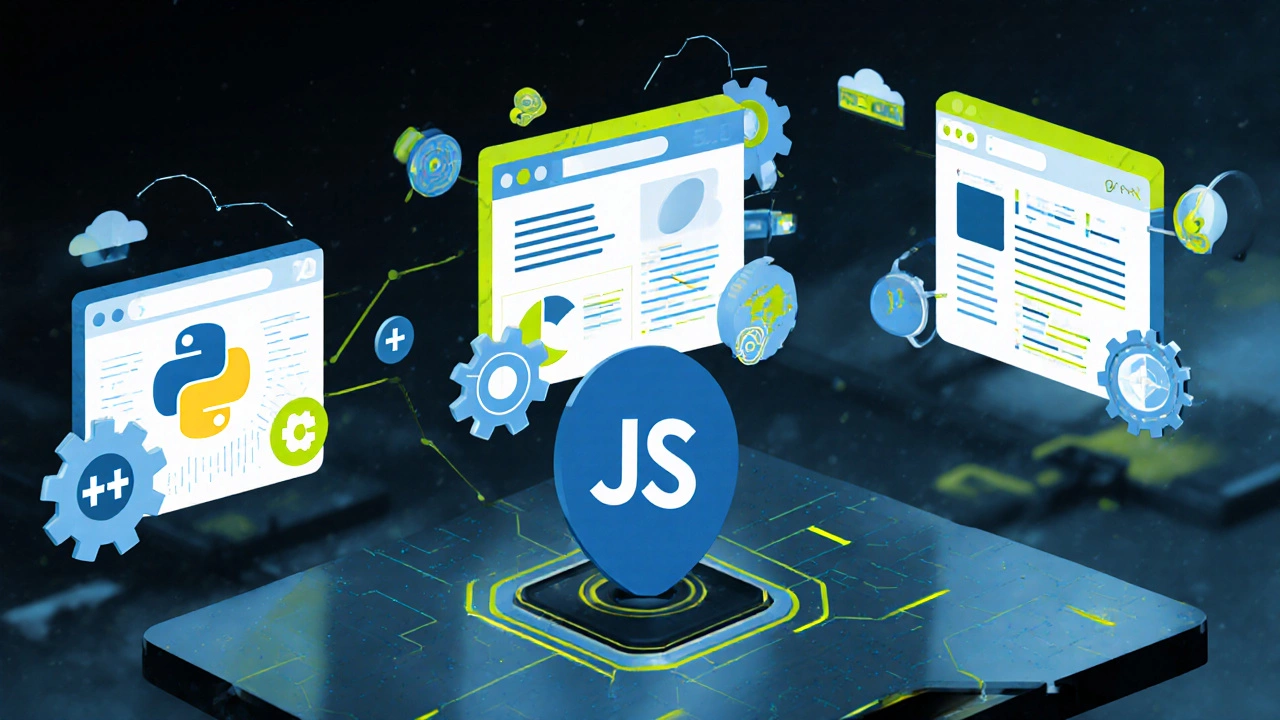 Floating panels comparing Python, C++, and JavaScript roles in web development.