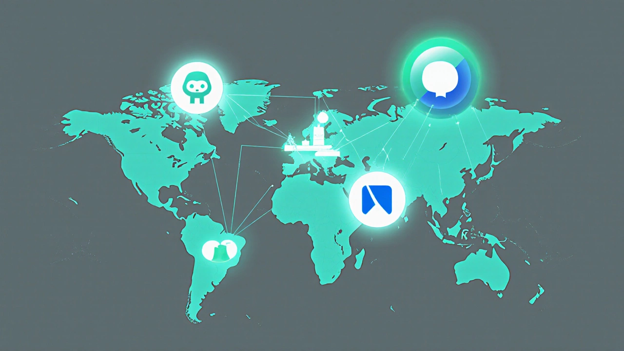 Global network of remote developers connected by digital tools across cities like Lisbon, Manila, Toronto, and Berlin.