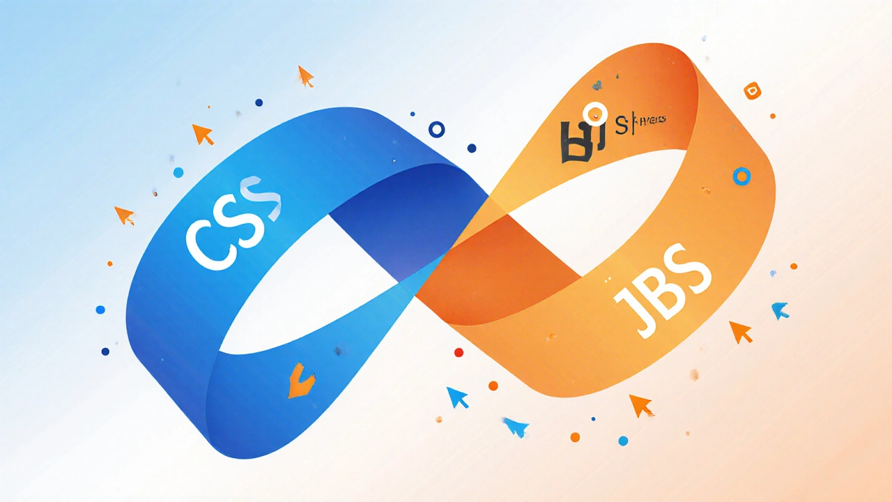 Interwoven CSS and JavaScript ribbons forming an interactive web interface, symbolizing their combined function.