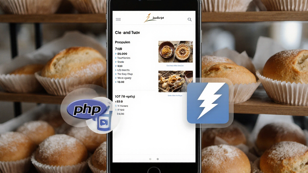 Mobile screen displaying a bakery menu with PHP, CSS, and JavaScript icons overlaid on a soft-focus bakery background.