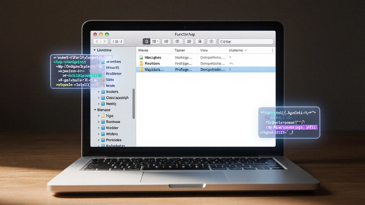 Open laptop showing WordPress child theme files with PHP and CSS code snippets on a wooden desk.