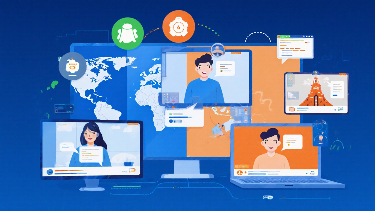 Remote developers from different time zones collaborating via video call with digital tools floating around them.