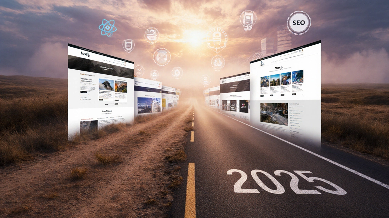 Road transitioning from rough trail to highway, symbolizing the evolution from React to Next.js.
