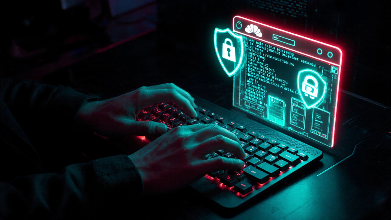 Security expert patching web vulnerabilities with glowing secure API tokens and firewall shields.