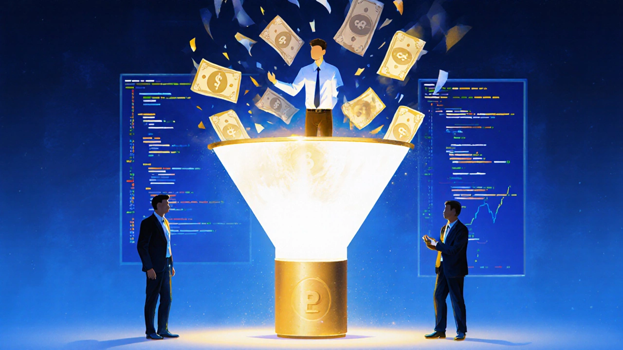 Senior developer at the center of a conversion funnel, with code and analytics glowing around them in a professional setting.