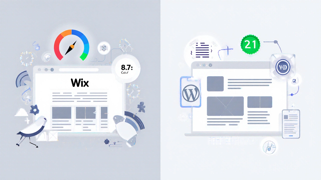 Slow-loading Wix site versus fast WordPress site with visual indicators of load time and performance.