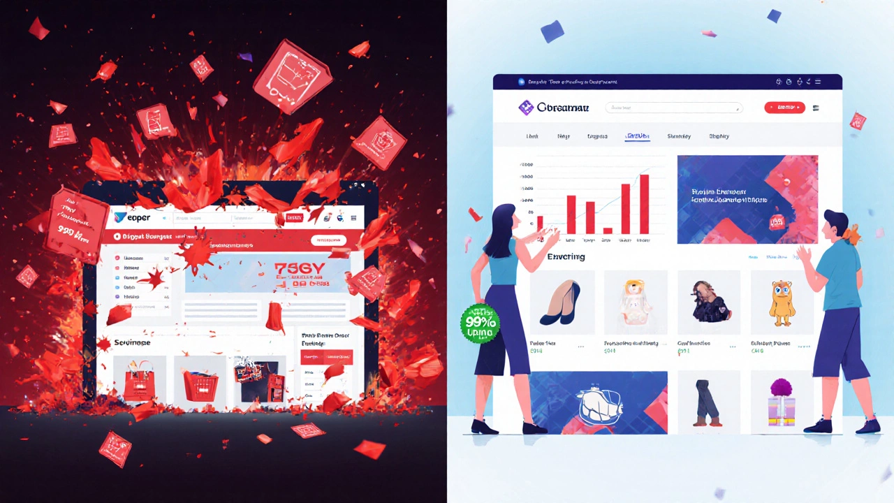 Split-screen comparison of a crashing e-commerce site versus a smoothly running one during peak traffic.