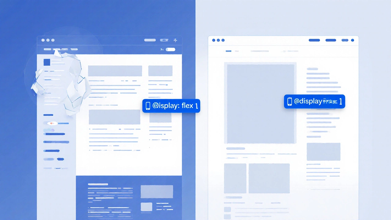 Split-screen comparison of desktop and mobile web layouts with CSS code elements floating beside them.