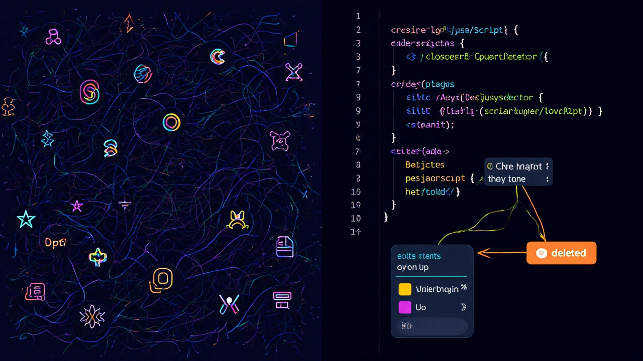 Split screen showing chaotic code vs clean JavaScript interactions like buttons and lists.