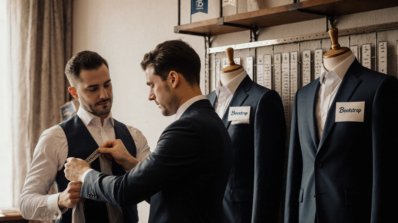 Tailor measuring a client with fabric, while Bootstrap-labeled suits hang on mannequins