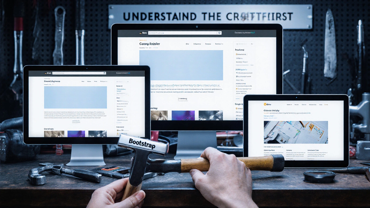 Three device views of a fluid web layout with tools like Flexbox and CSS Grid on a workbench