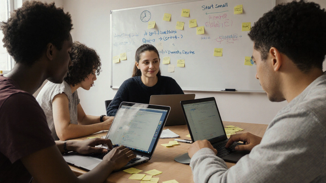 Three people building simple JavaScript projects in a home office with motivational notes on the wall.