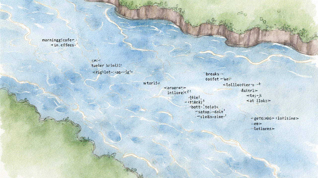 Watercolor illustration of a developer&#039;s daily routine as a flowing river with code snippets woven into the current.