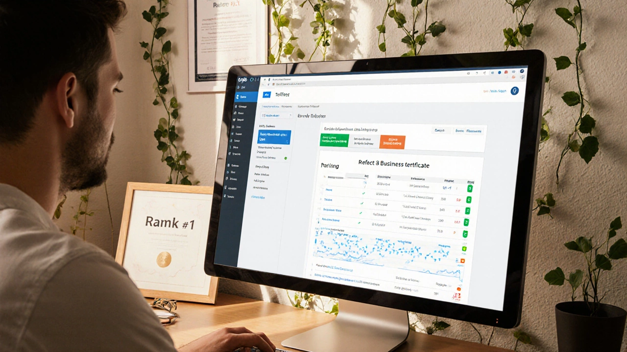 Web designer in Cork with WordPress SEO dashboard and growing backlinks on the wall.