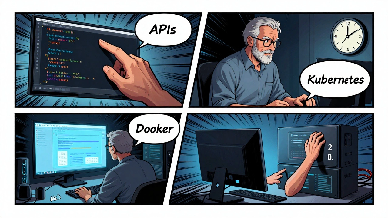 A comic book-style scene of a developer managing code deployment and server issues late at night with technical terms floating around.