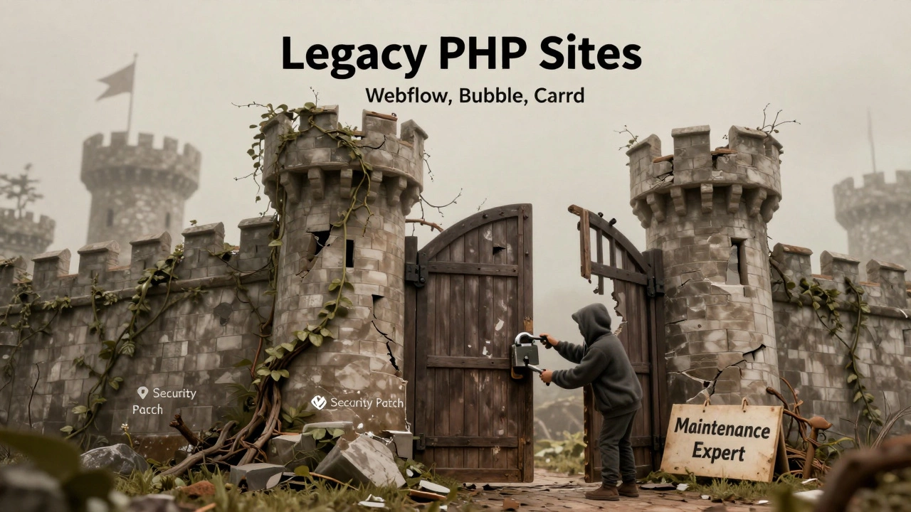 A crumbling castle labeled &#039;Legacy PHP Sites&#039; being overtaken by no-code vines, with a locksmith repairing its gate.