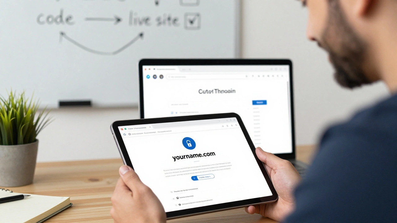 A developer viewing their custom domain live on a tablet, with GitHub repo visible in background.