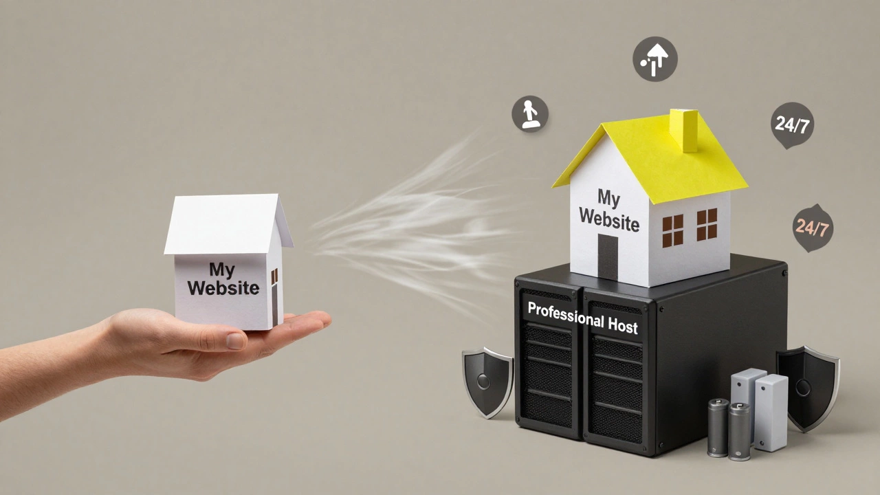 A fragile paper house blows away without a foundation, while the same house is securely anchored to a server block.