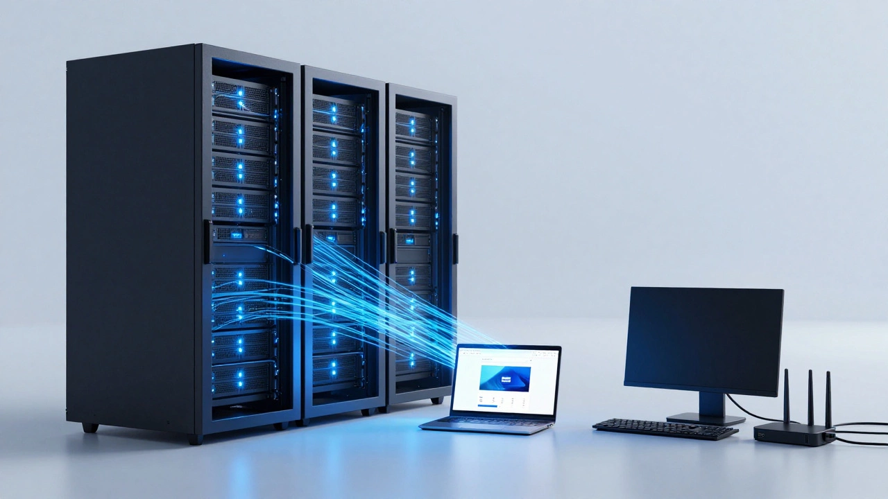 A glowing server rack in a data center sends data to a laptop, while a disconnected home computer sits idle beside it.