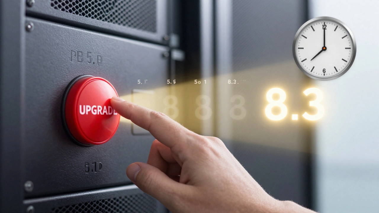 A hand pressing an &#039;UPGRADE&#039; button with a timeline of PHP versions, PHP 8.3 shining brightly as the future.