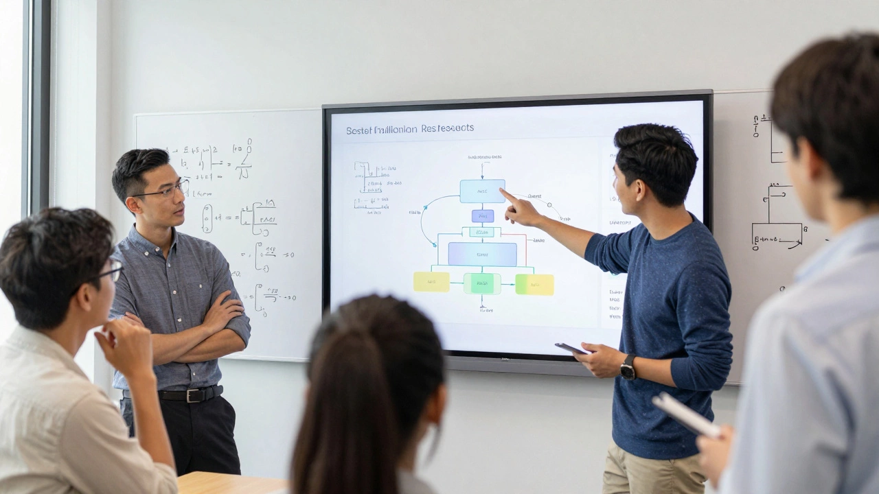 A team of engineers presenting a complex system design on a large transparent display in a modern Google meeting room.