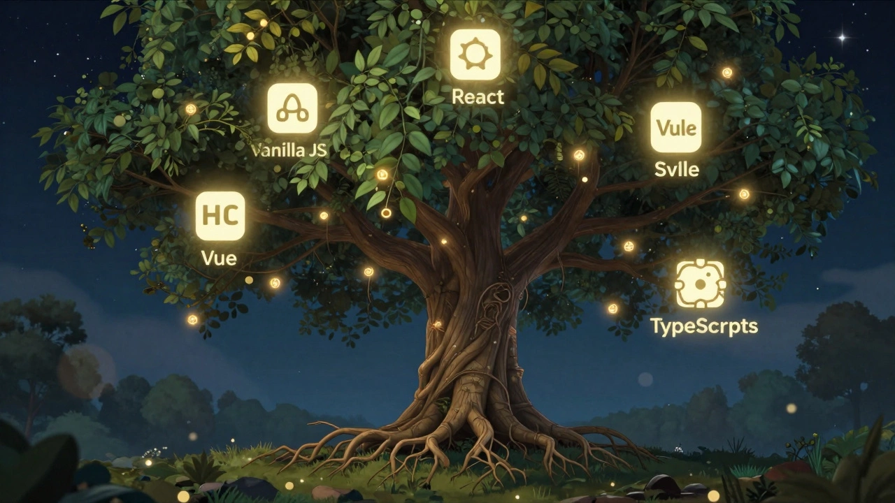 A tree with JavaScript frameworks as branches, each leaf representing an npm package, glowing in a starry digital forest.