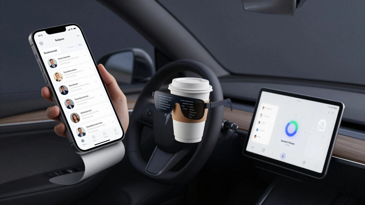A web interface transforms across futuristic devices—rollable phone, AR glasses, car dashboard—using shared components.