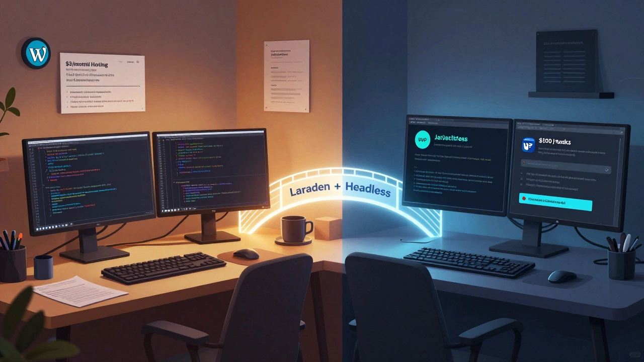 A workshop with PHP and JavaScript setups on opposite sides, connected by a glowing bridge labeled &#039;Laravel + Headless&#039;.