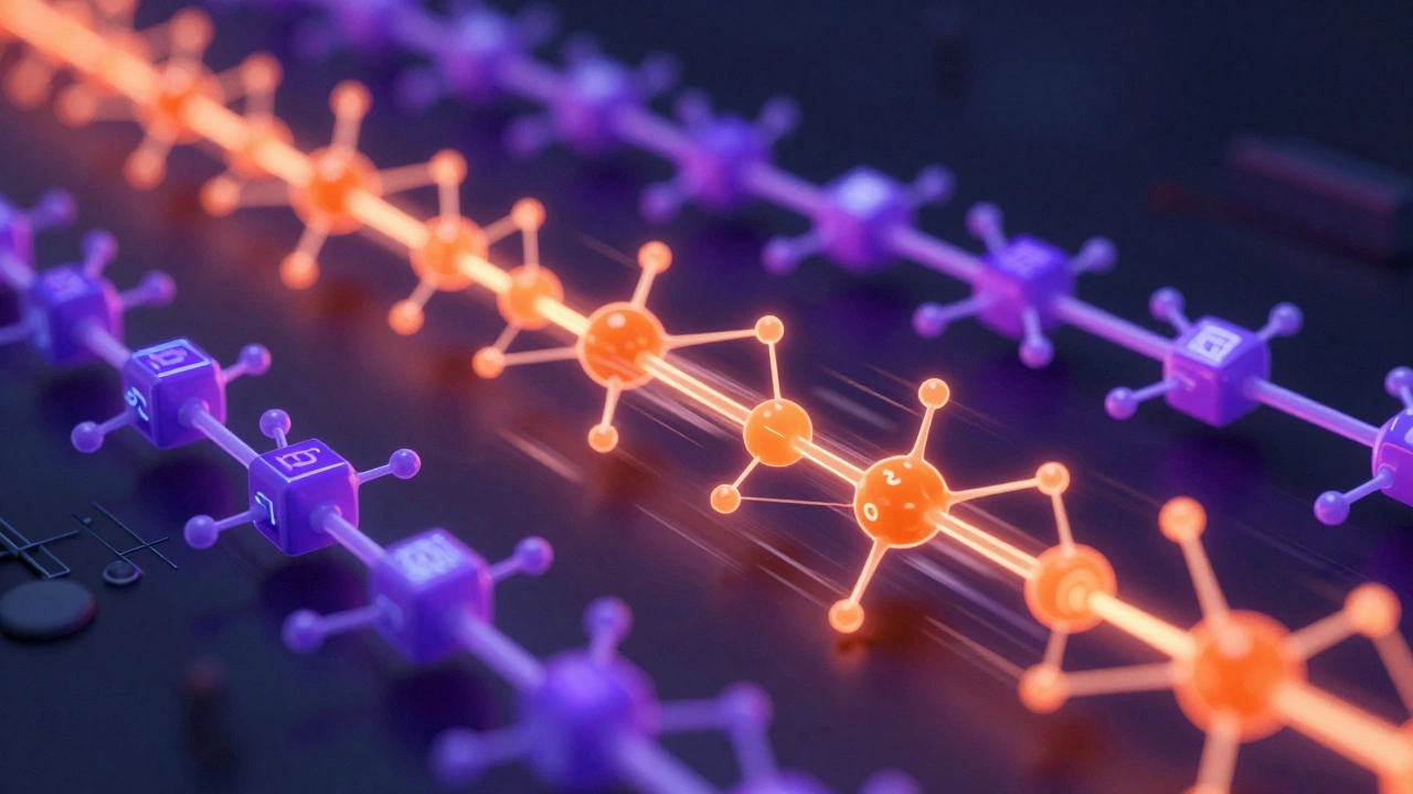 Abstract glowing network with JavaScript and Python nodes handling different types of data flow.