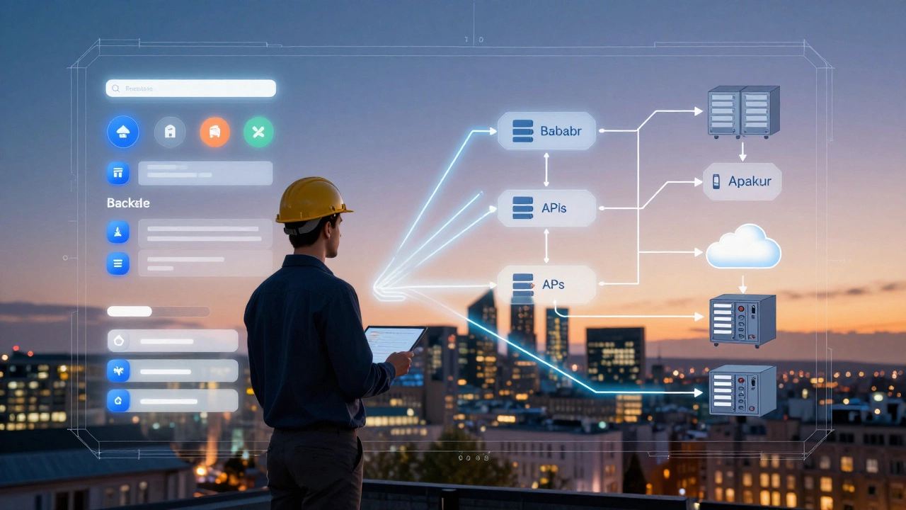 An architectural illustration of a full stack developer connecting front-end UI to backend systems like databases and cloud servers.