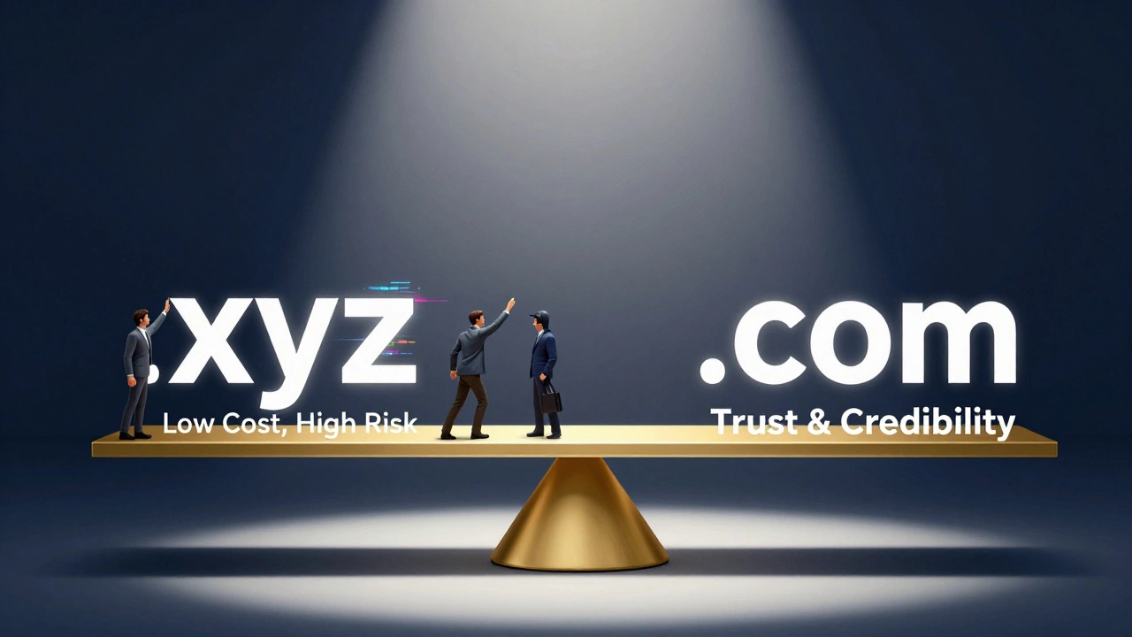 Balance scale comparing cheap and premium domain extensions with figures reaching for each side.