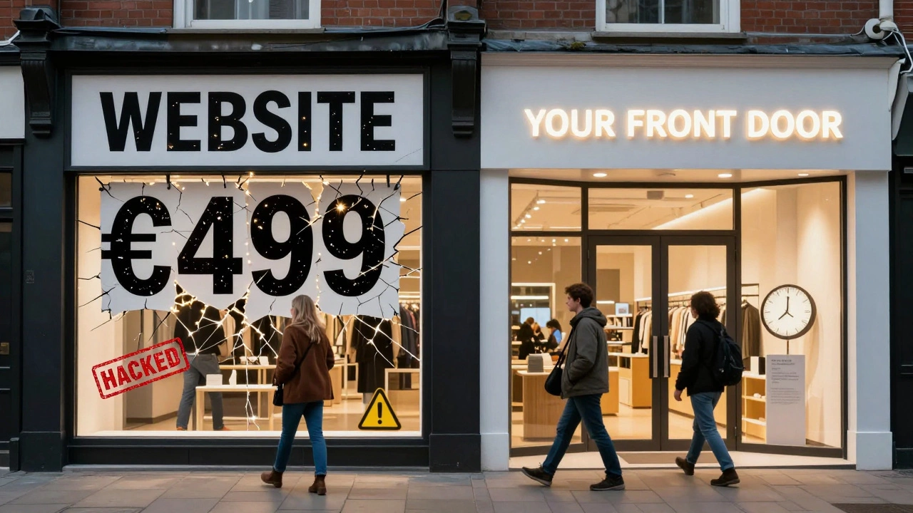 Broken cheap website sign next to a well-lit professional business entrance with customers entering confidently.
