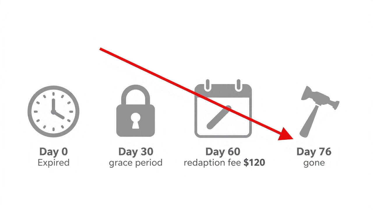 Calendar timeline showing domain expiration stages from renewal to loss.