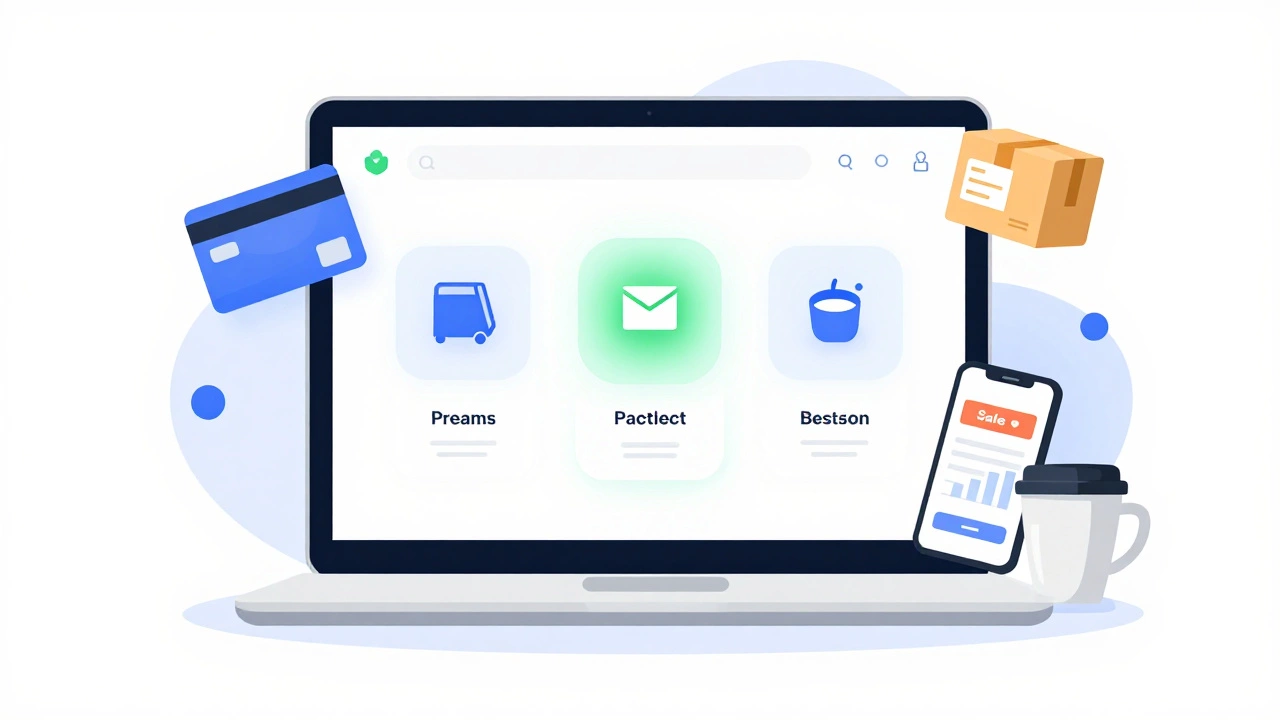 Clean Shopify dashboard with sales, shipping, and product icons on laptop