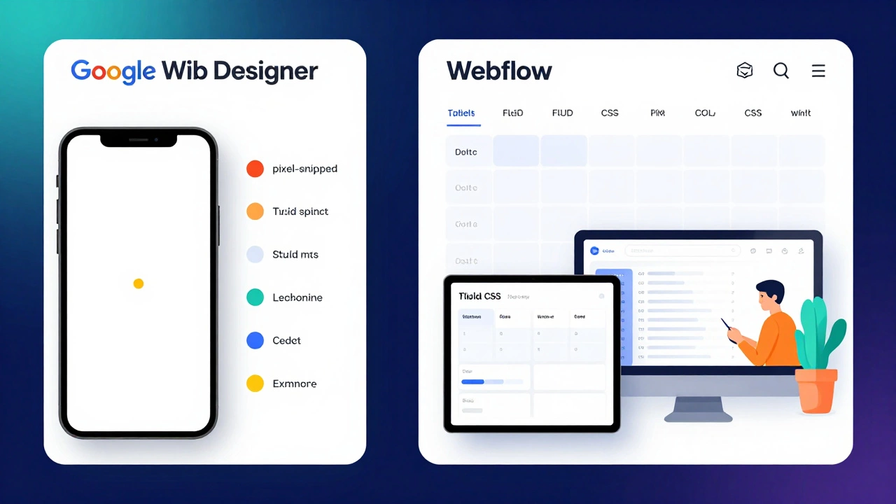 Comparison of rigid pixel-based layout (GWD) versus fluid CSS grid layout (Webflow) across screen sizes.