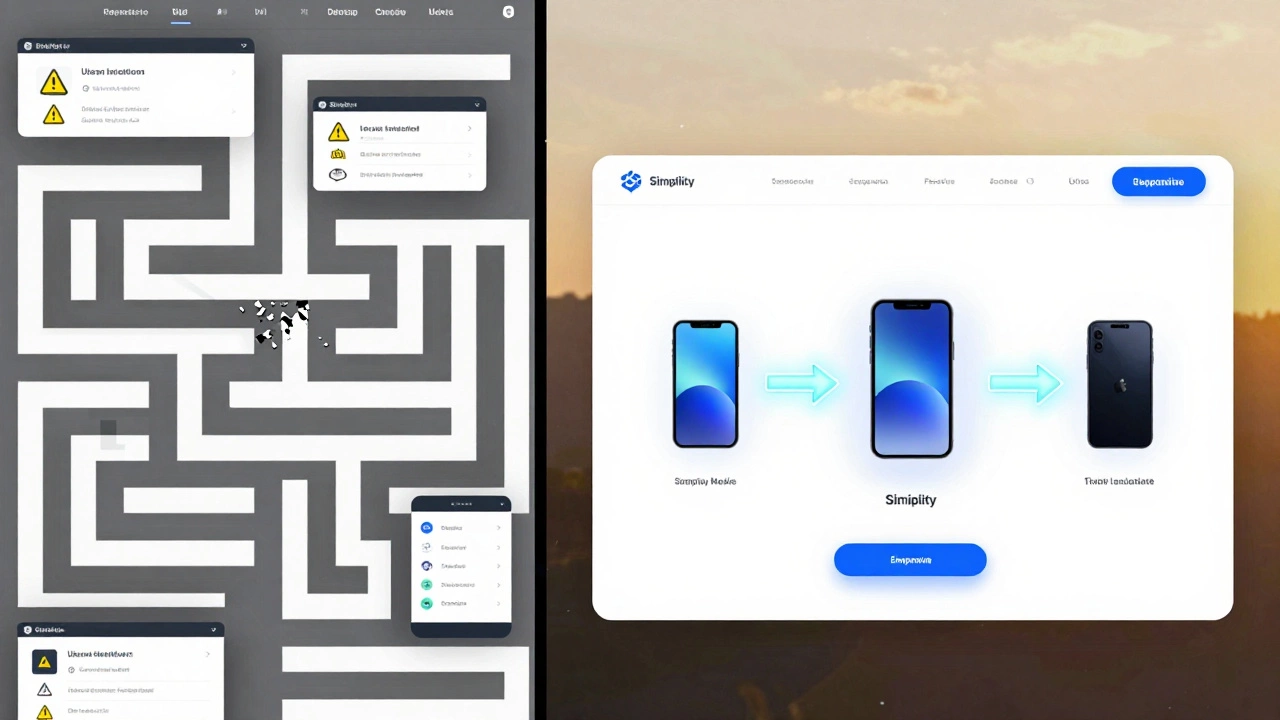 Contrast between chaotic separate mobile sites and a unified responsive website with smooth transitions.
