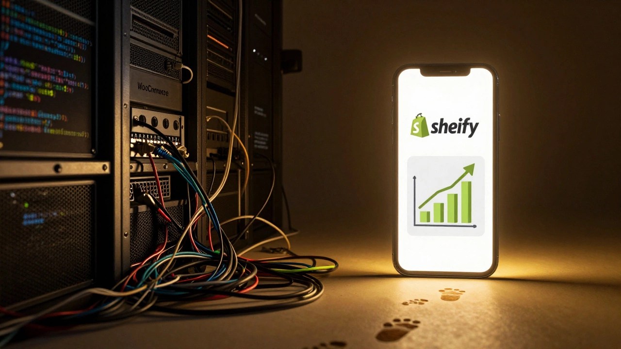 Contrast between chaotic tech setup and simple Shopify smartphone interface