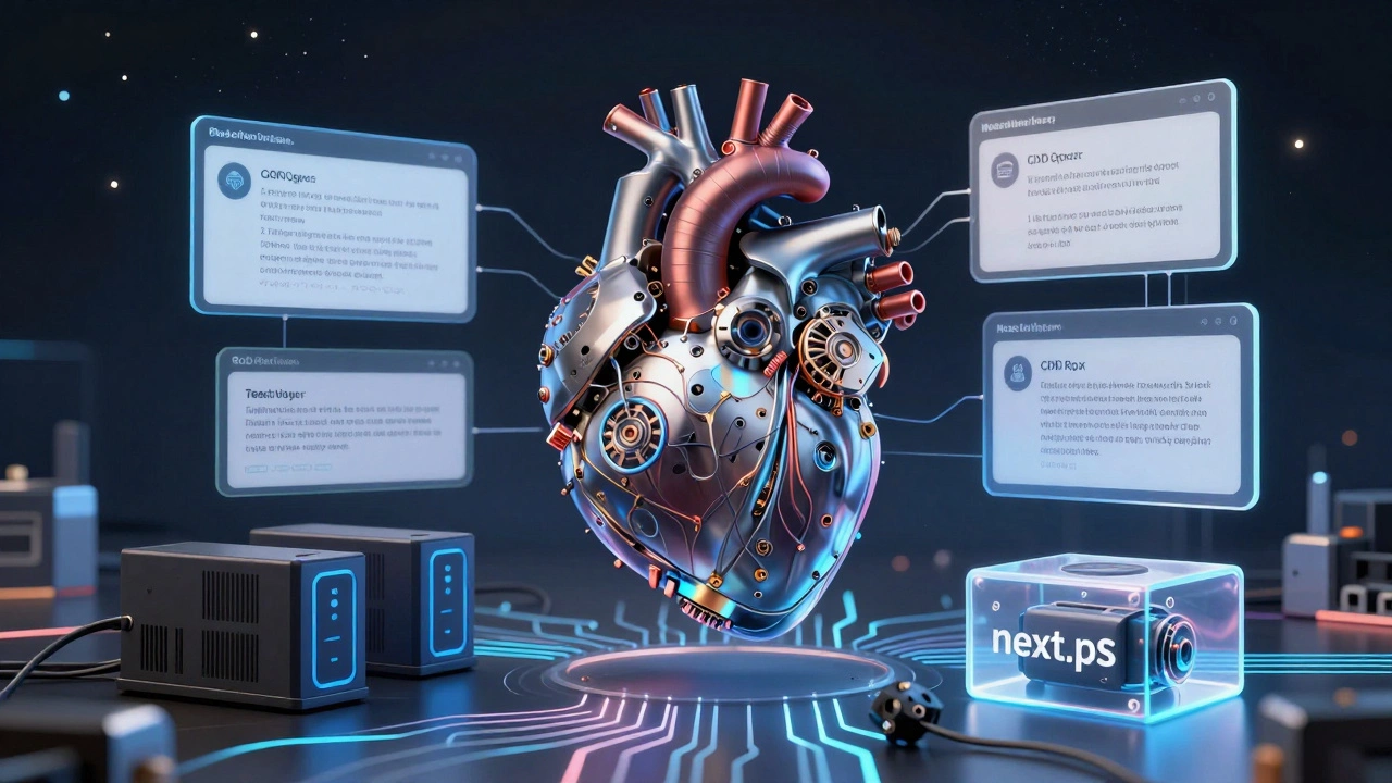 Custom React engine as a mechanical heart with GraphQL and CDN nodes, next to a discarded Next.js box.