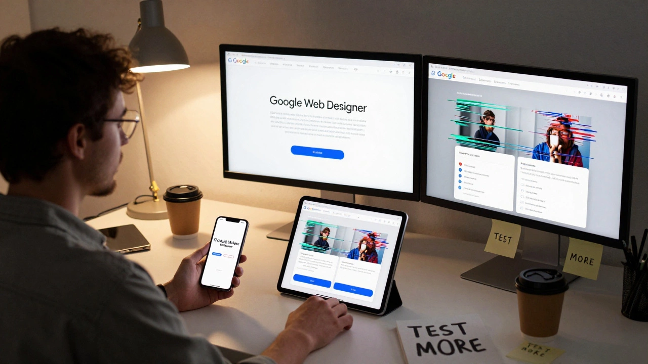 Designer testing a GWD ad on phone, tablet, and monitor, showing glitches on each device.
