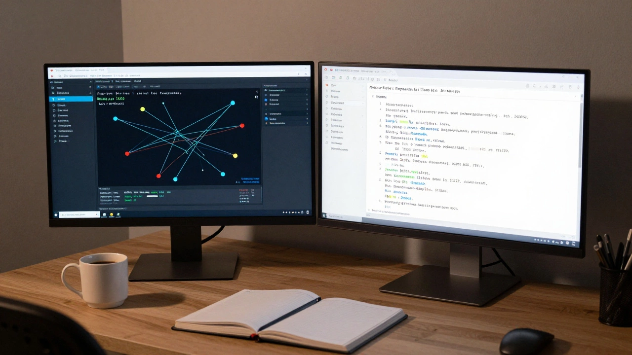 Developer's desk with dual monitors showing Node.js and Python workflows in a nighttime setting.