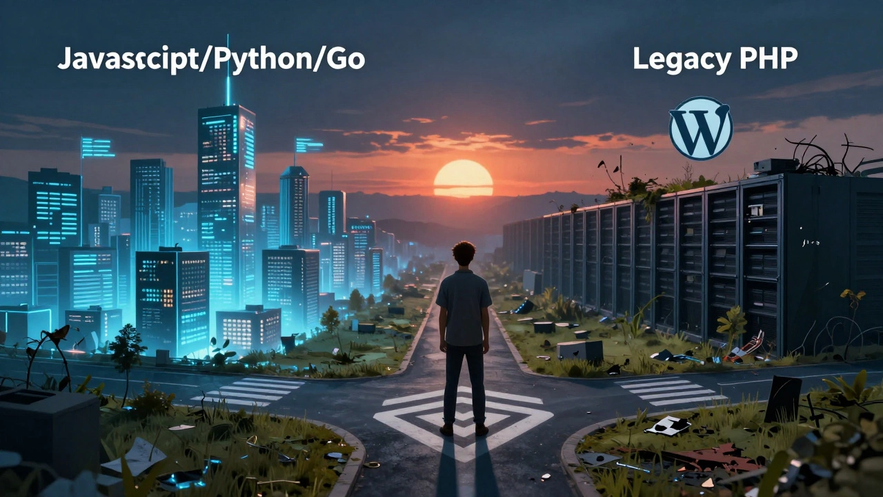 Developer at a crossroads choosing between modern tech city and fading legacy PHP server farm.