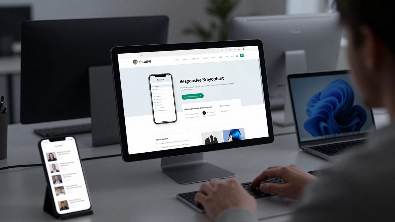 Developer using browser tools to test responsive design across multiple device sizes in a quiet office setting.