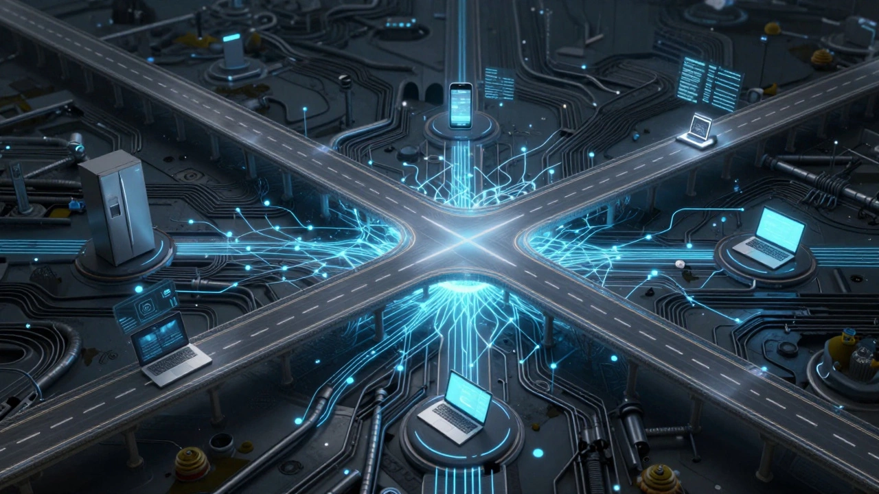 Digital landscape showing JavaScript networks on surface and Python data pipelines flowing underneath.