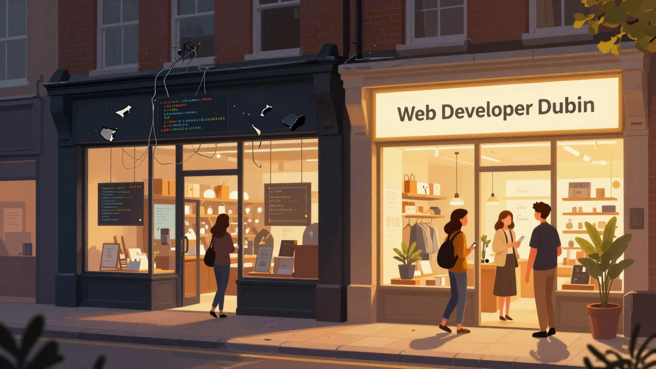 Digital storefront in a mall, one dim and broken, one bright and inviting.