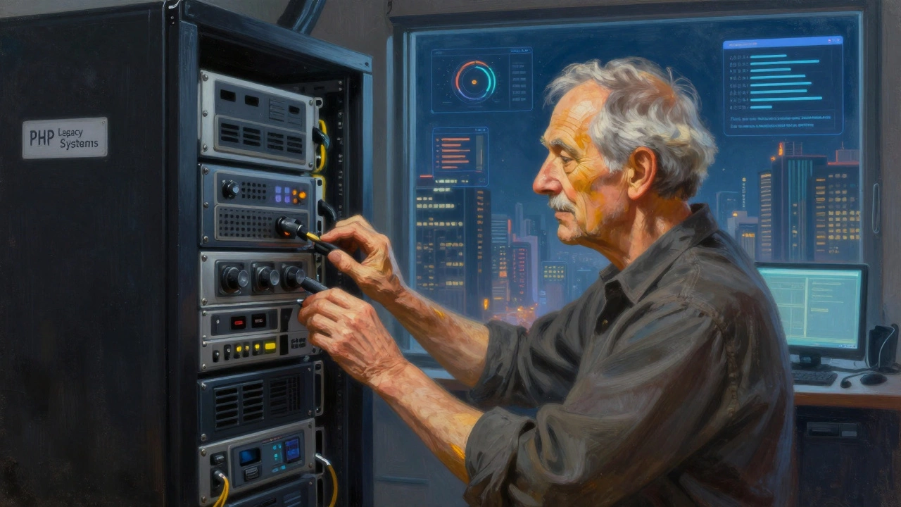 Elderly developer maintaining legacy PHP servers while futuristic web apps glow outside.