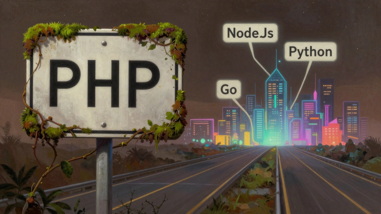 Faded PHP highway sign overgrown with vines, new tech roads leading to a glowing digital city.