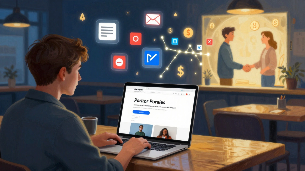 Freelancer at a café with static site on screen, floating broken icons above, glowing tech path leading to success.
