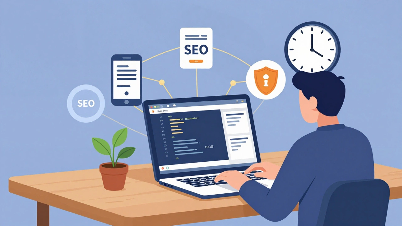 Freelancer coding a website with floating icons for SEO, security, and mobile optimization above the laptop.