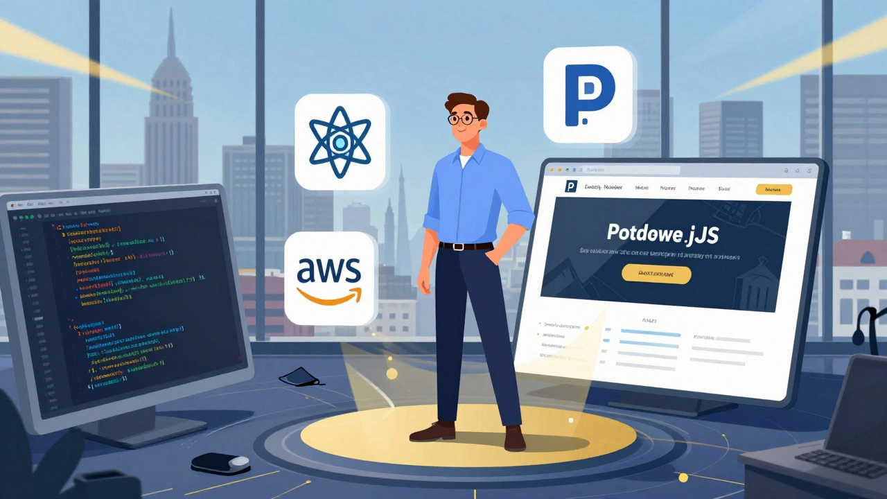 Full-stack developer surrounded by tech icons, standing on a transforming digital interface.